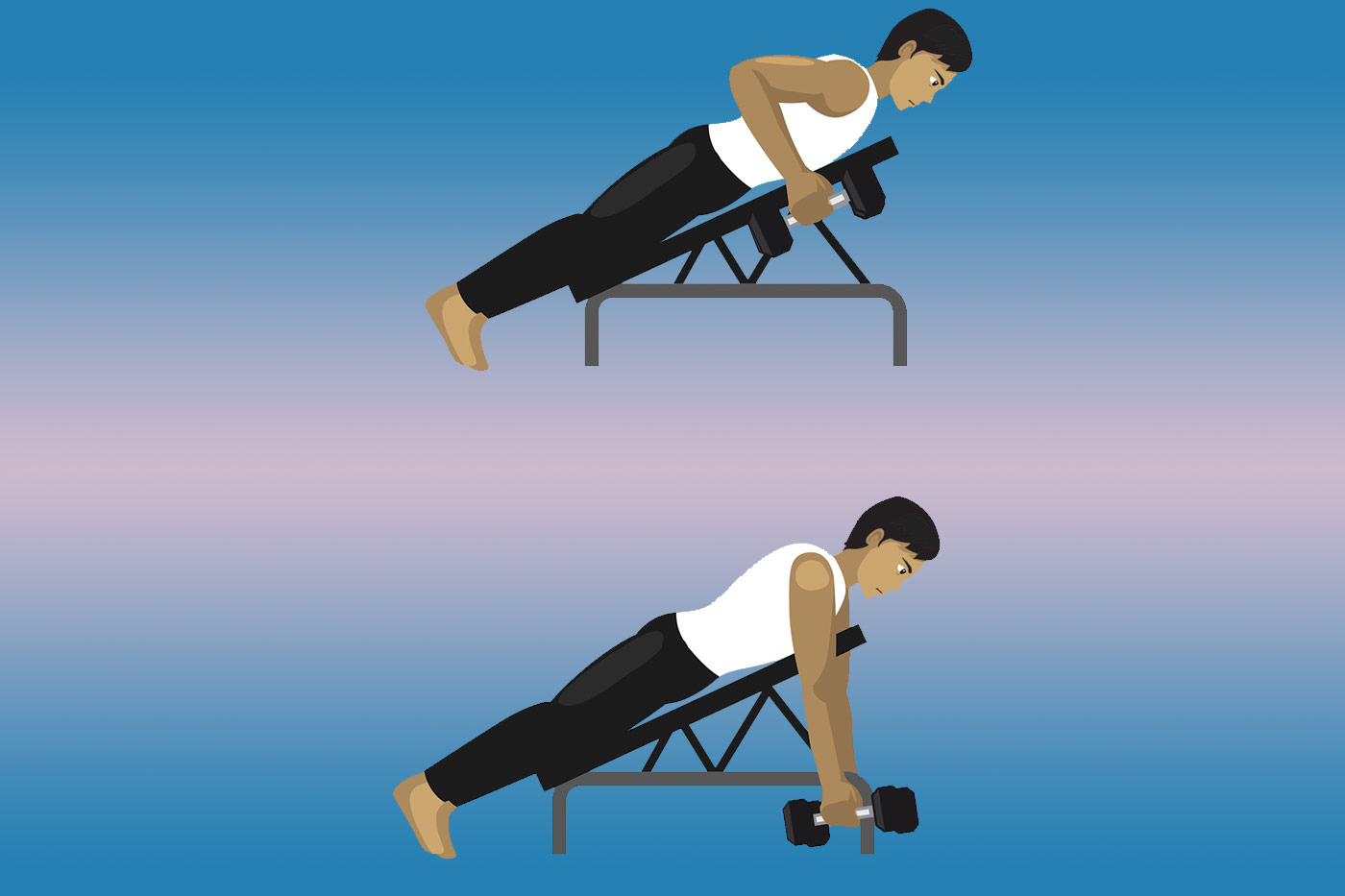 Упражнения на спину с гантелями — тяга с опорой на скамью