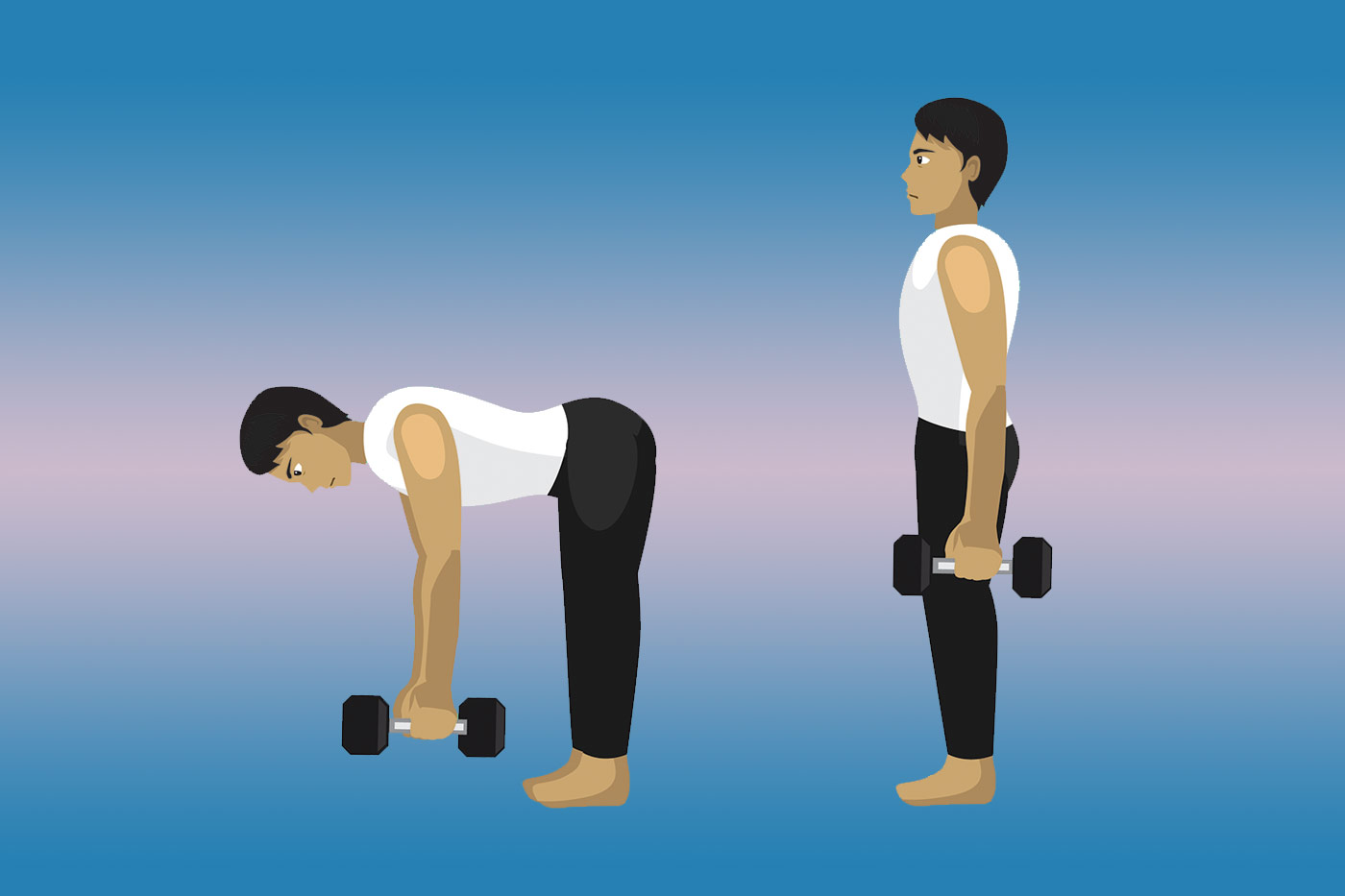 Упражнения на спину с гантелями — становая на прямых ногах